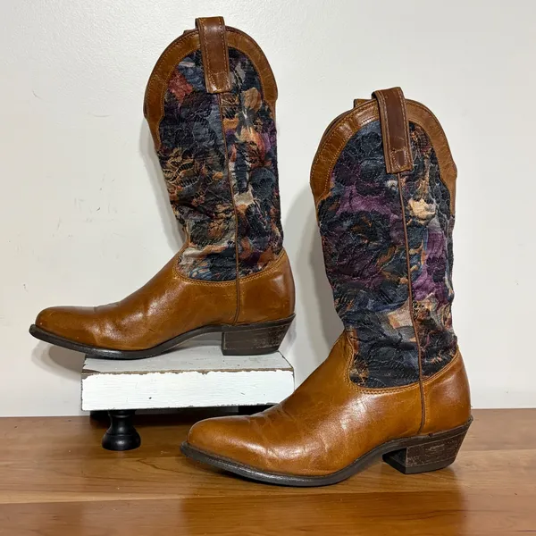Capezio Womens Leather Floral Tapestry Western Cowboy Boots Cognac Brown Size 7 - Image 2