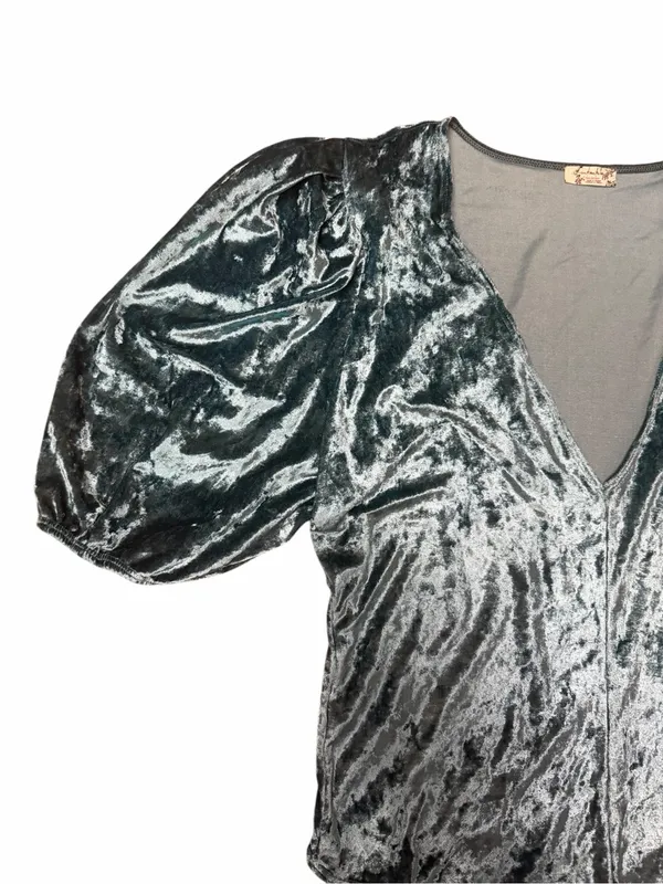 Free People Don’t You Wish Teal Crushed Velvet Puff Sleeve Bodysuit Large - Image 7