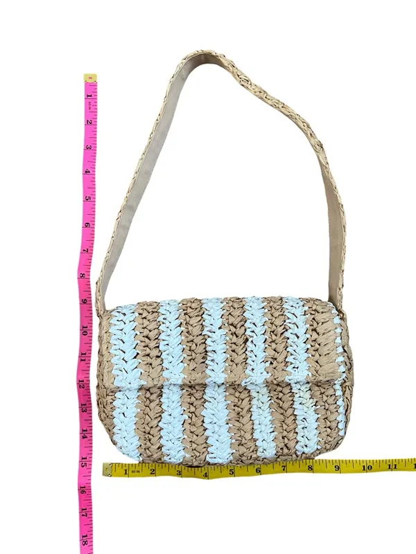 Anthropologie Woven Straw Striped Shoulder Bag Coastal White Tan Small - Image 7