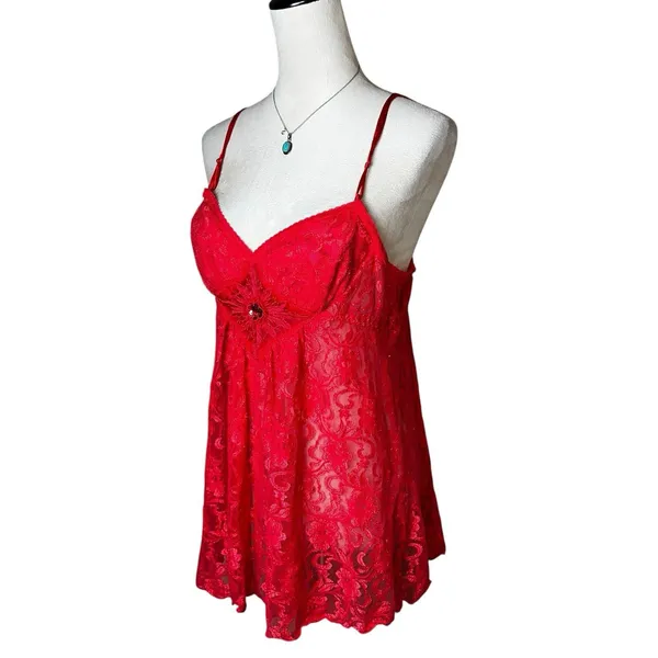 Vintage‎ Y2K Red Lace Sequin Babydoll Tank Lingerie Sheer Slip Chemise Large - Image 5