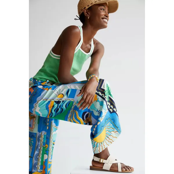 Maeve Anthropologie Sunshine Wide-Leg Pants Blue Tropical Scarf Print Size 4 - Image 3