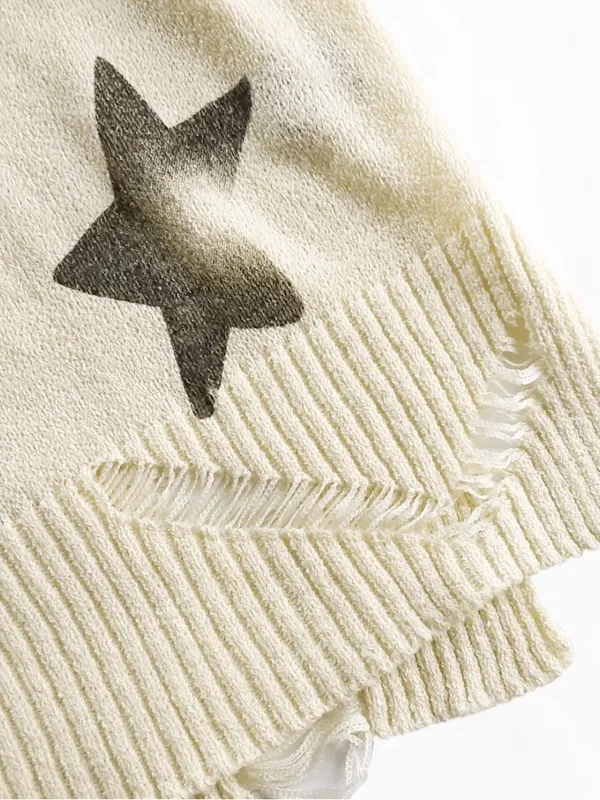 POL Distressed Star Print Knit Hoodie Sweater Cream Ivory Small Like New - Image 5