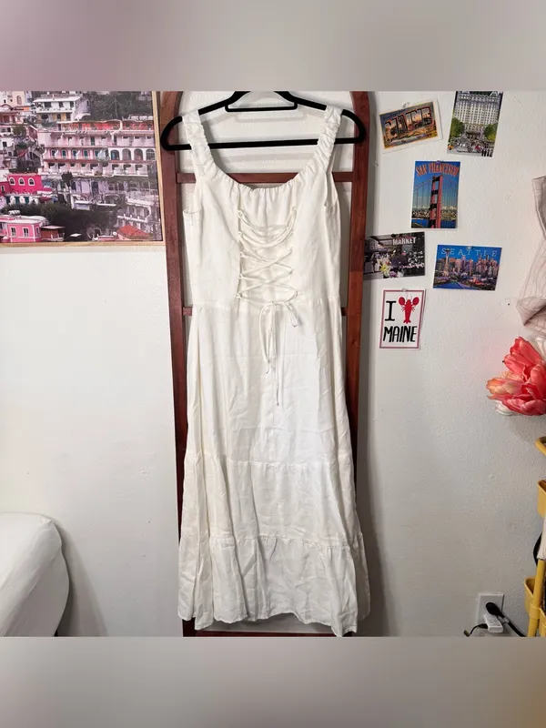 Reformation 100% linen sleeveless midi dress corset tie back white - Image 5