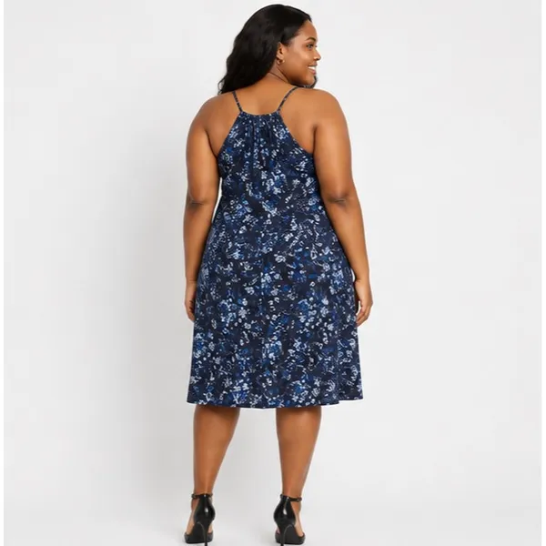 Time and Tru Womens Dress Size XL Dark Navy Floral Halter Knit Midi Flowy Halter - Image 6