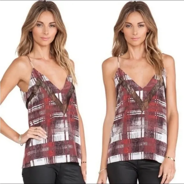 Lovers + Friends Plaid Camisole‎ Tank Top Women's Size Large Lace Trim V-Neck - Image 2