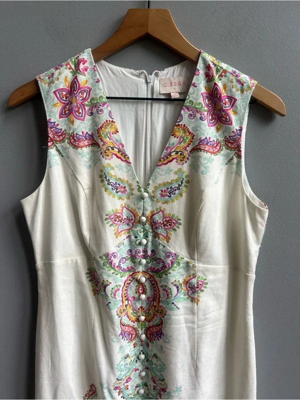 Anthropologie Ciebon White Embroidered V-Neck Shift Dress Floral Sleeveless Sm - Image 5