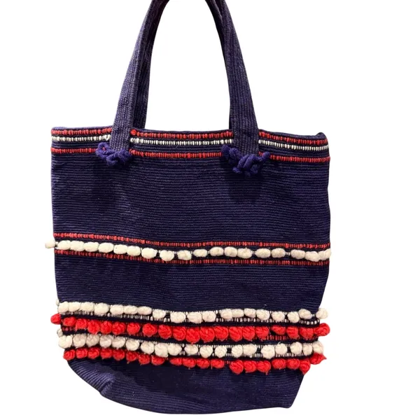 Vintage Arrowcraft shop earthy handwoven Stylish Navy Tote with Pom-Pom Details - Image 2