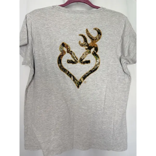 Browning Women's Size Large Heather Gray Mossy Oak Buck Heart SS Tee Glitter - Image 4