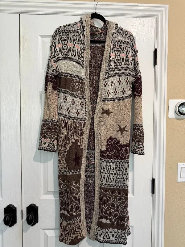 FREE PEOPLE Mixed Media Longline Cardigan Sweater Duster Hooded Size Medium - Image 2