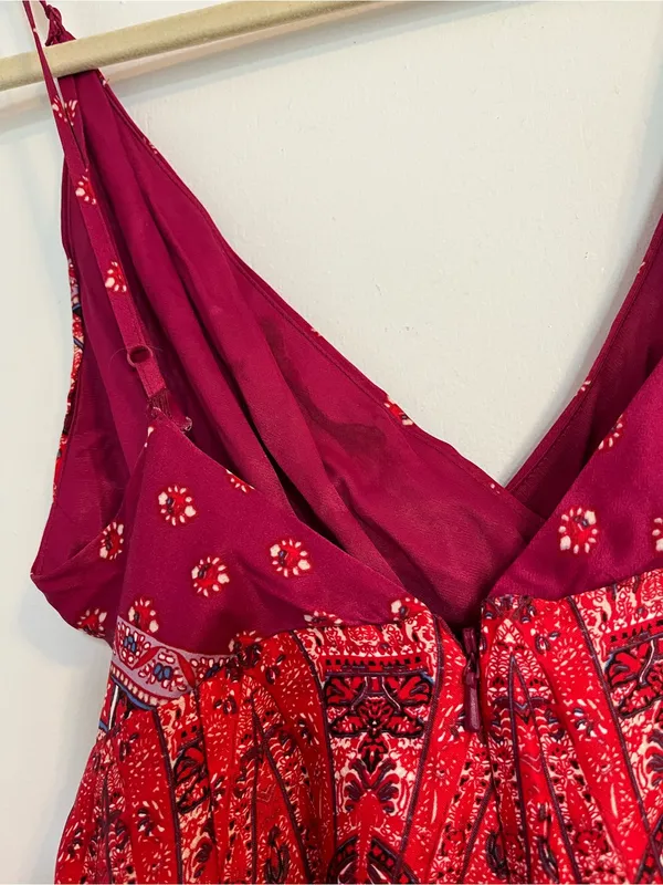 Free People Cabbage Rose Red pink Wide-Leg Wrap Jumpsuit size 0 paisley FLAWS - Image 11