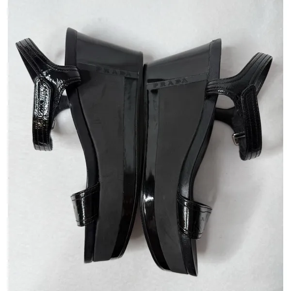Prada Black Patent Leather Strap Sandal Shoes Wedges Size US 6.5 Y2K Festival - Image 5