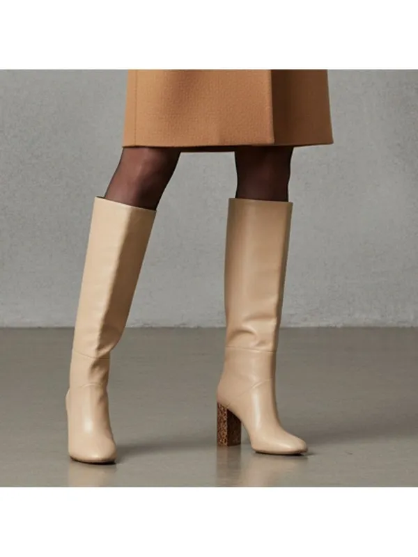 MANGO Cream Leather Knee High Boots, animal print 8.5 Office Siren, Minimalist - Image 12