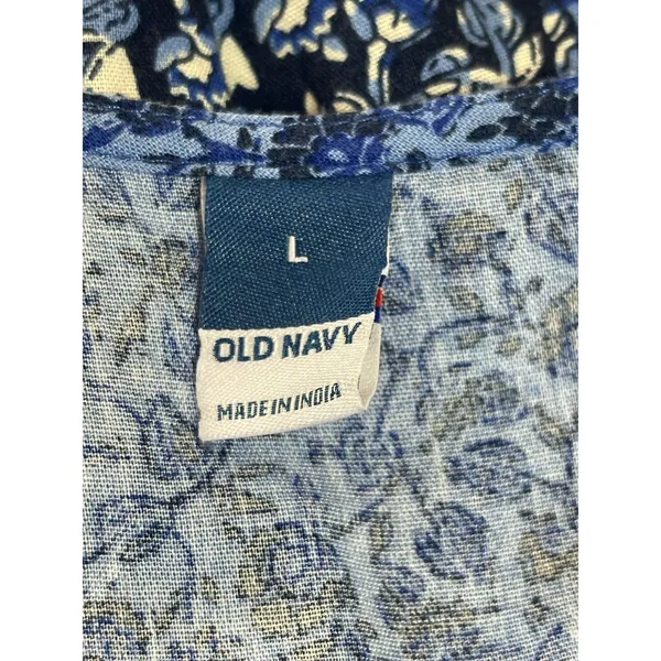 Old Navy Blue Boho Peasant Dress Women L Floral Tassel Cottagecore Festival - Image 12
