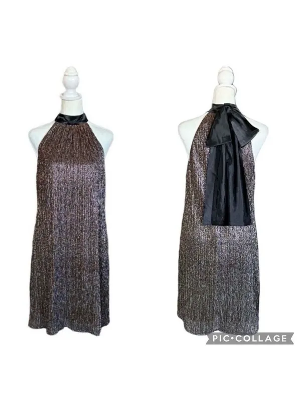 Laundry by Shelli Segal Metalli Gold Shimmer & Black Satin Bow Halter Mini DSz 6 - Image 2
