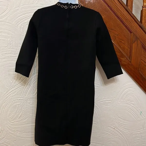 Zara Knit Dress Womens Black‎ Gold Chain Neck Shift Mini S - Image 3