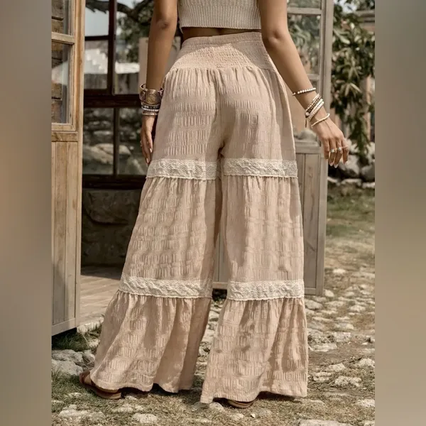 Boutique Boho Chic Crochet Lace Tiered Wide Leg Textured Palazzo Pants Coastal Cowgirl L - Image 4