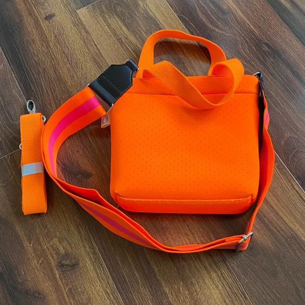 Quilted Koala Perforated Mini Scuba Crossbody Tote Bag Neon Orange With Straps - Image 8