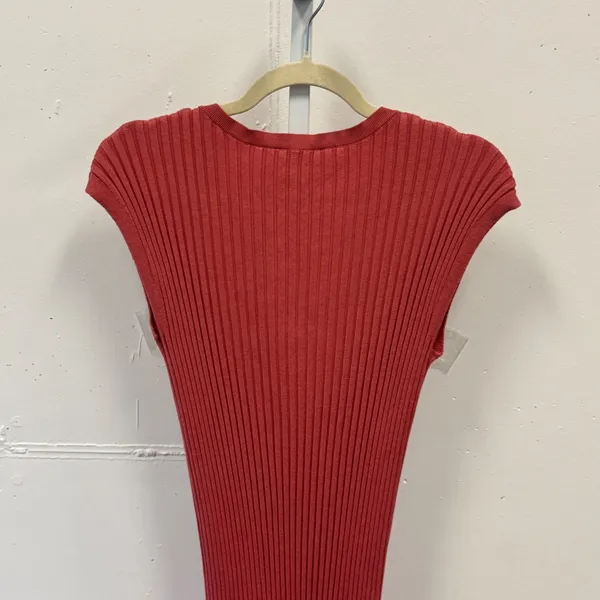 Freshman 1996 Ribbed Knit Maxi‎ Dress Coral Pink Notched V-Neck Cap Sleeve Large - Image 5