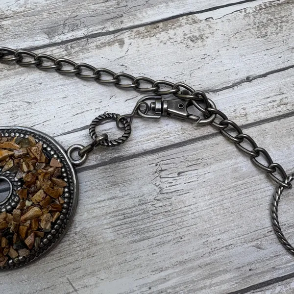 Medallion Chain Link Belt OS Brown Silver Boho Stone Inlay Earthy Artsy Western - Image 5