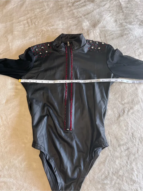 WEISSMAN Leather Zip Up Mesh Sleeves One Piece Bodysuit Jazz Dance Costume Sz S - Image 4