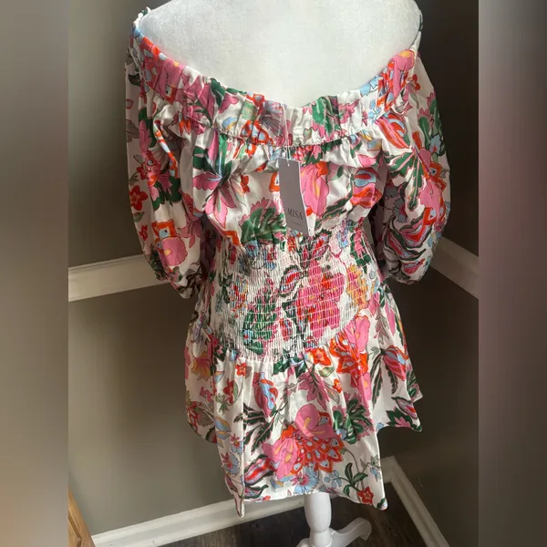 NEW MISA Los Angeles‎ Marta Floral Off-Shoulder Smocked Mini Dress Medium - Image 3