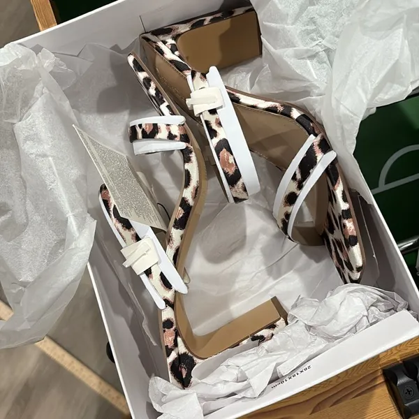 The Drop Leopard Avery Square Toe Two Strap High Heeled Sandal Size 8.5 Brown - Image 7