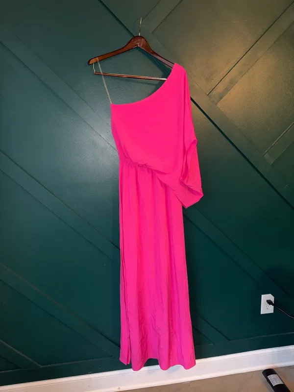 Main Strip Hot Pink One-Shoulder Maxi Dress - Image 3