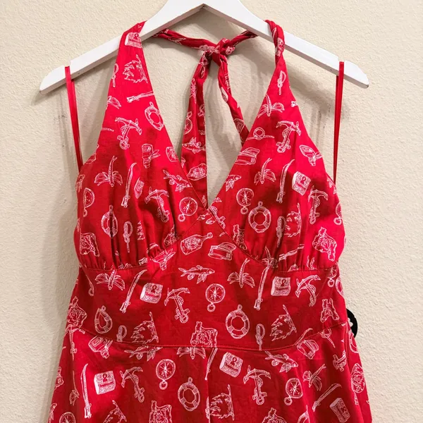 Hell‎ Bunny Red Nautical Print Halter Dress Womens Large Rockabilly Retro Pinup - Image 8