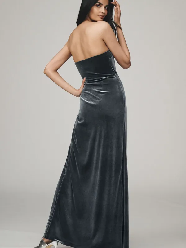 Anthropologie BHLDN Luella Strapless Stretch Velvet Draped Side Slit Formal Maxi Gown XS - Image 3