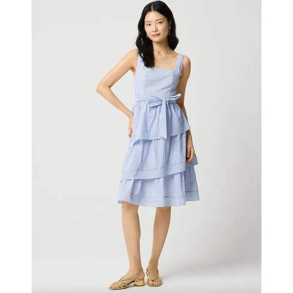 J.Crew Striped Sleeveless Belted Tiered Dress White Banker Blue Retro US 6 NWT - Image 2