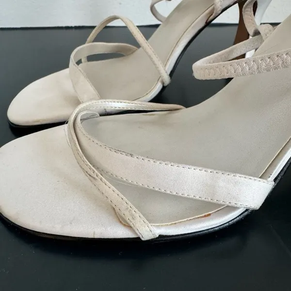 VTG Y2K Strappy BP Satin White Leather Kitten Heel Mule Square Toe Sandal Size 7 - Image 5