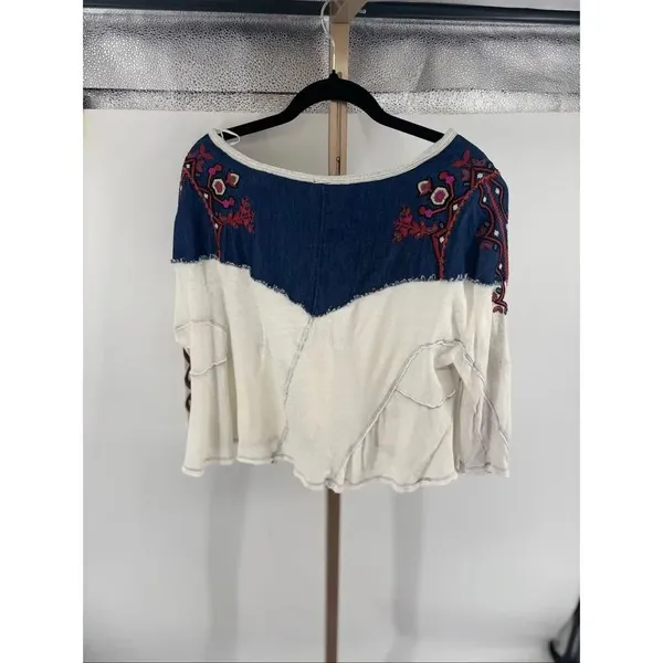 Free People We The Free Rio Henley Small Cream Navy Embroidered Indie Boho - Image 7