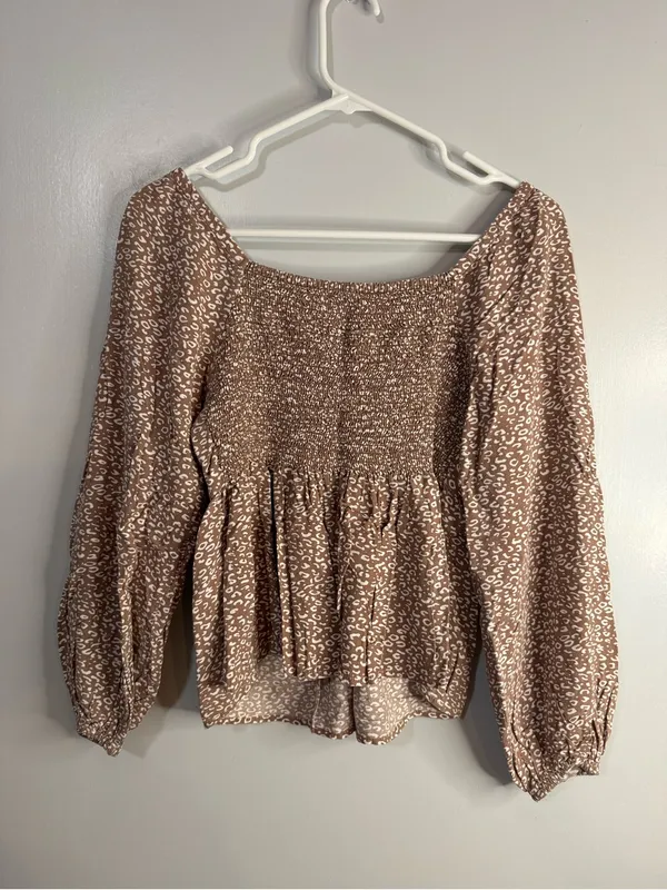 Japna Tan Brown Printed Long Sleeve Peasant Top Size Medium - Image 4