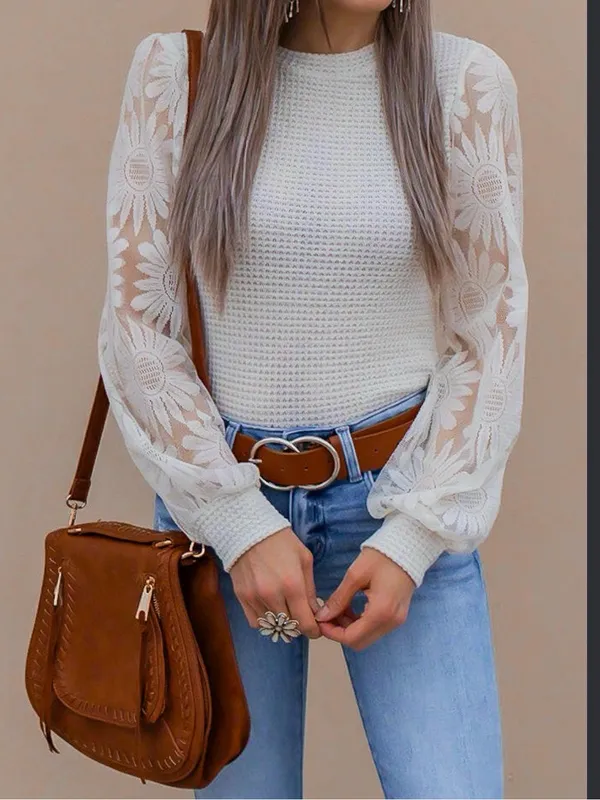 Boutique Sunflower Lace Sleeve Waffle Knit Bubble Sleeve Top M - Image 2