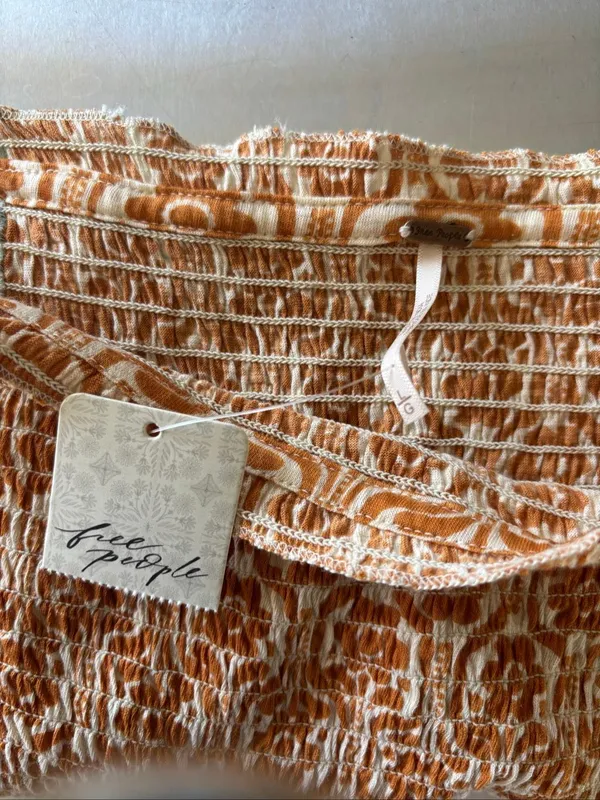 Free People In The Groove Smocked Strapless Tube Top Boho Ivory Orange L NWT - Image 2