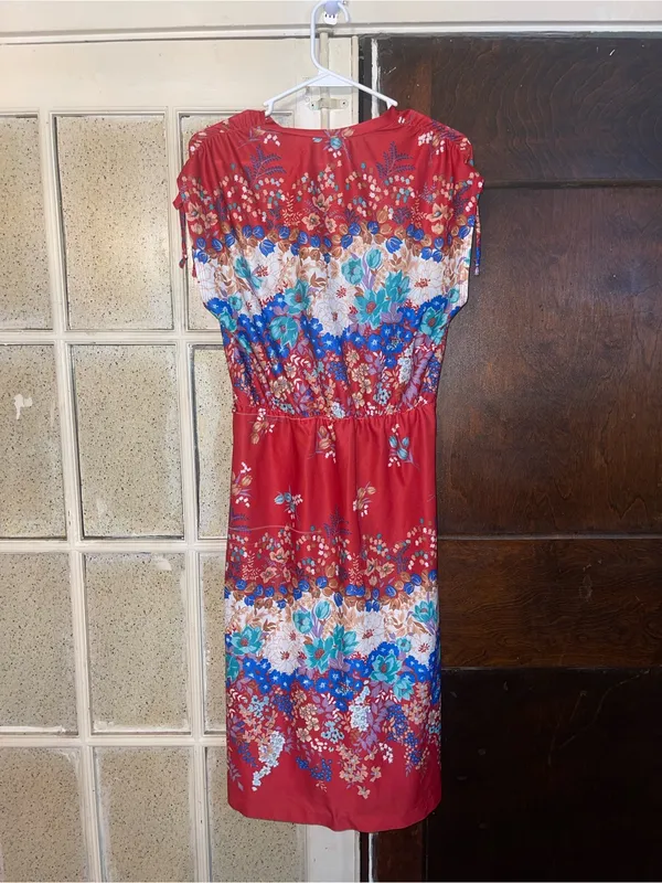 AS IS Vintage Floral V-Neck Red Midi Dress - Size Small - Image 2