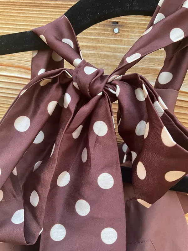 IEENA FOR MAC DUGGAL Size 2 Brown Polka Dot A-Line Halter Gown Rosette FLAWS - Image 13