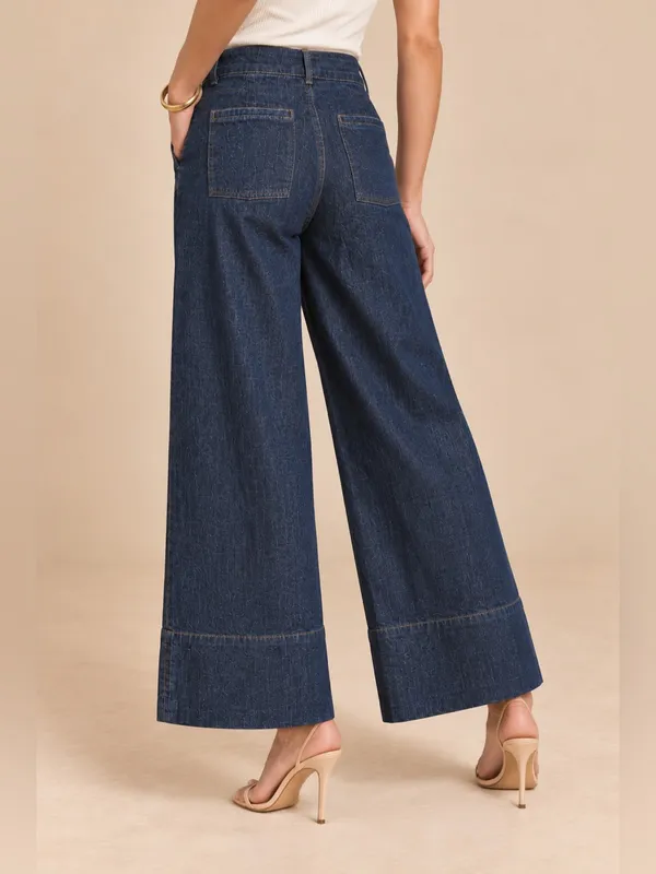Zara Y2K Dark Wash High Rise Palazzo Wide Leg Patch Pocket Jeans 26” Inseam Crop - Image 3