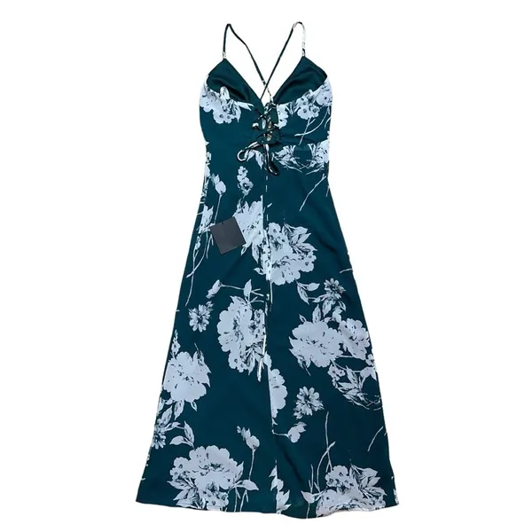 Lulu’s Flirtatious Essence Emerald Green Floral Lace Up Midi Dress US XS - Image 10