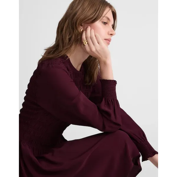 Madewell Long-Sleeve Smocked Mini Dress Dark Pomegranate Crepe Large NWT - Image 5