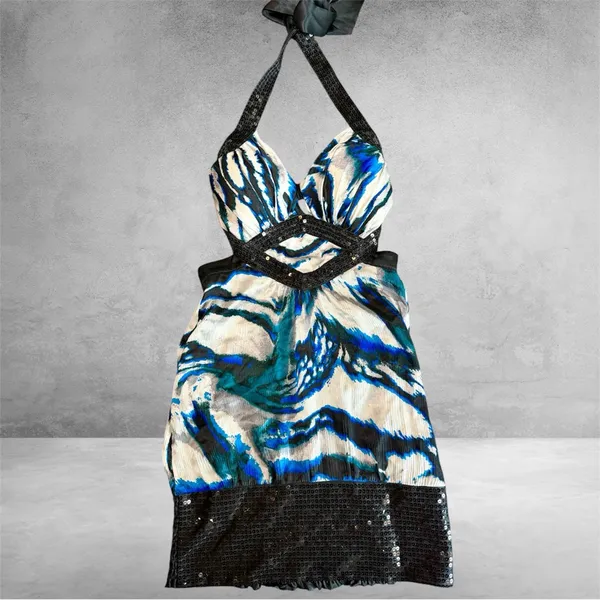 Bebe‎ 100% Silk Halter Mini Dress XS Turquoise Spotlight Y2K - Image 14