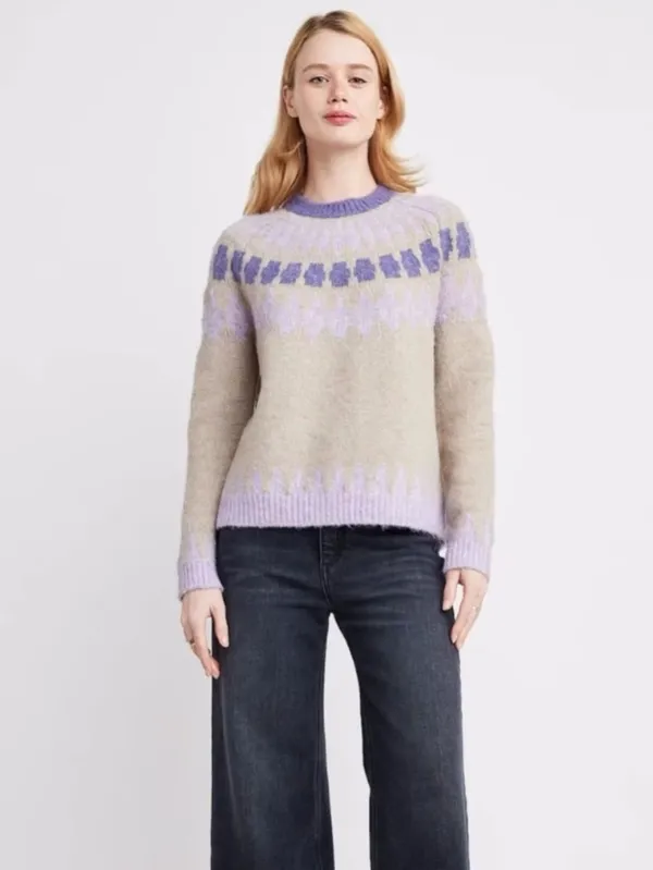 Women’s Tan Purple Size M Soft Fair Isle Pullover High Neck Knit Sweater - Image 2