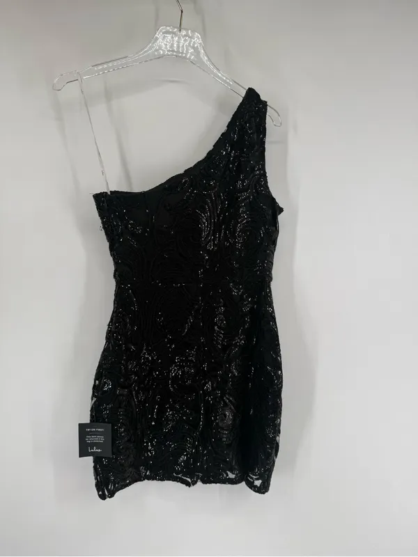 Lulus Madina Black Sequin‎ One-Shoulder Bodycon Mini Dress size small NWT - Image 5