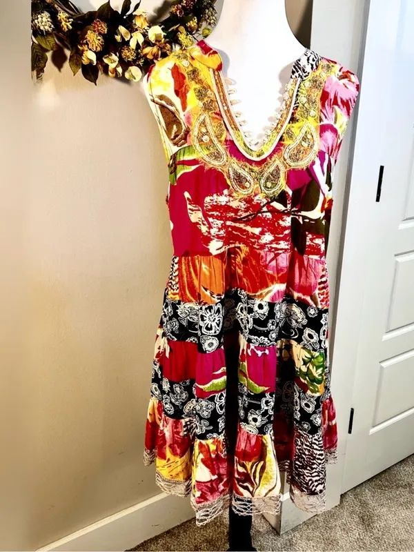 FREE PEOPLE Patchwork Dress Embellished Neck Back Cinch Boho Y2K Floral Sz M💛 - Image 3