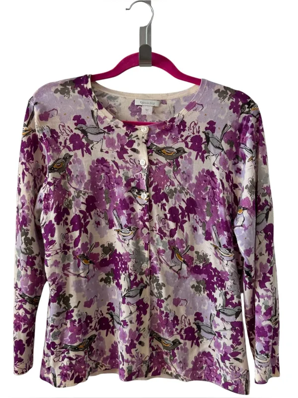 Garnet Hill Merino Wool Floral Bird Cardigan Purple Size Large - Image 2