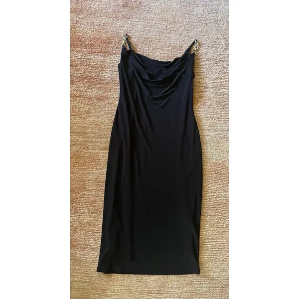 Black Cowl Neck Bodycon Dress with Rhinestone Chain Straps, Size S - Image 2