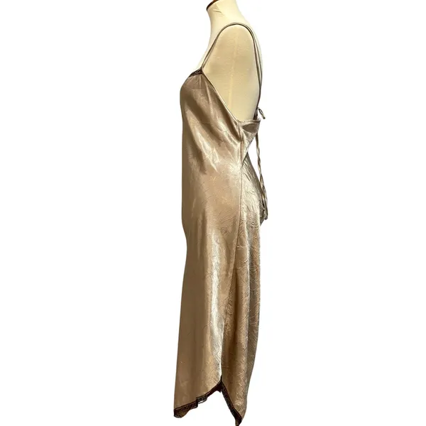 VTG Gold Champagne Satin Slip Dress Open Back Y2K Coquette Adjustable Tie Back - Image 3