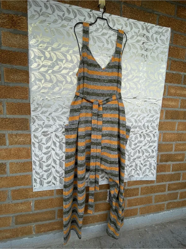 Free People Striped Cozy Knit Jumpsuit Lagenlook Boho Drop Crotch Pocket L - Image 2
