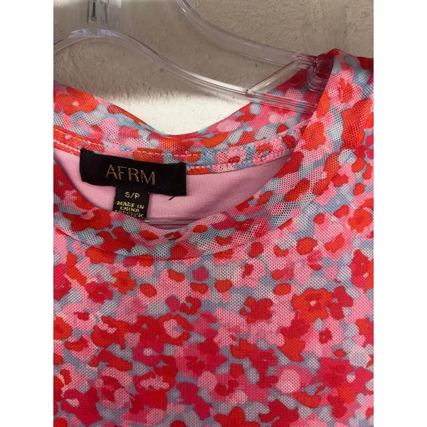 AFRM Sz S Mizra Pink Ditsy Floral Mesh Bodycon Ruched Long Sleeve Mini Dress - Image 5