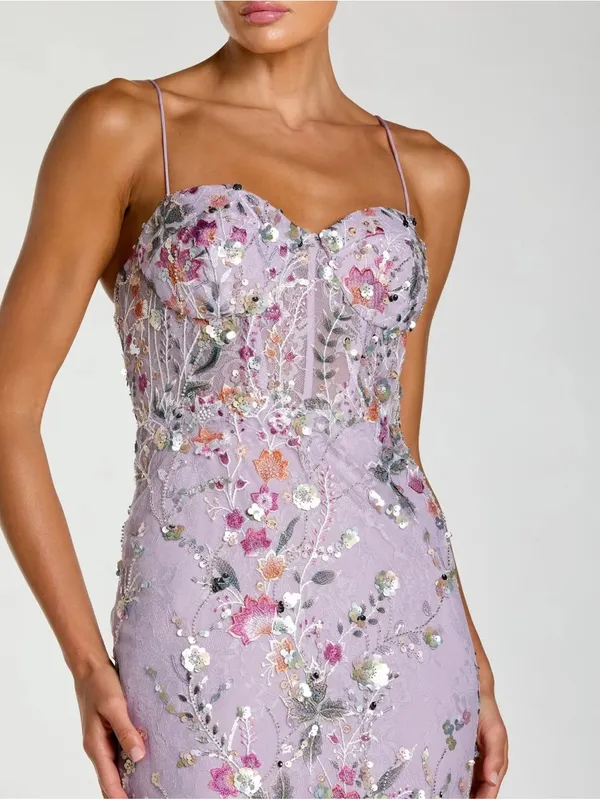 NWOT MAC DUGGAL 69049 Purple Spaghetti Strap Floral Embroidered Trumpet Gown - Image 4